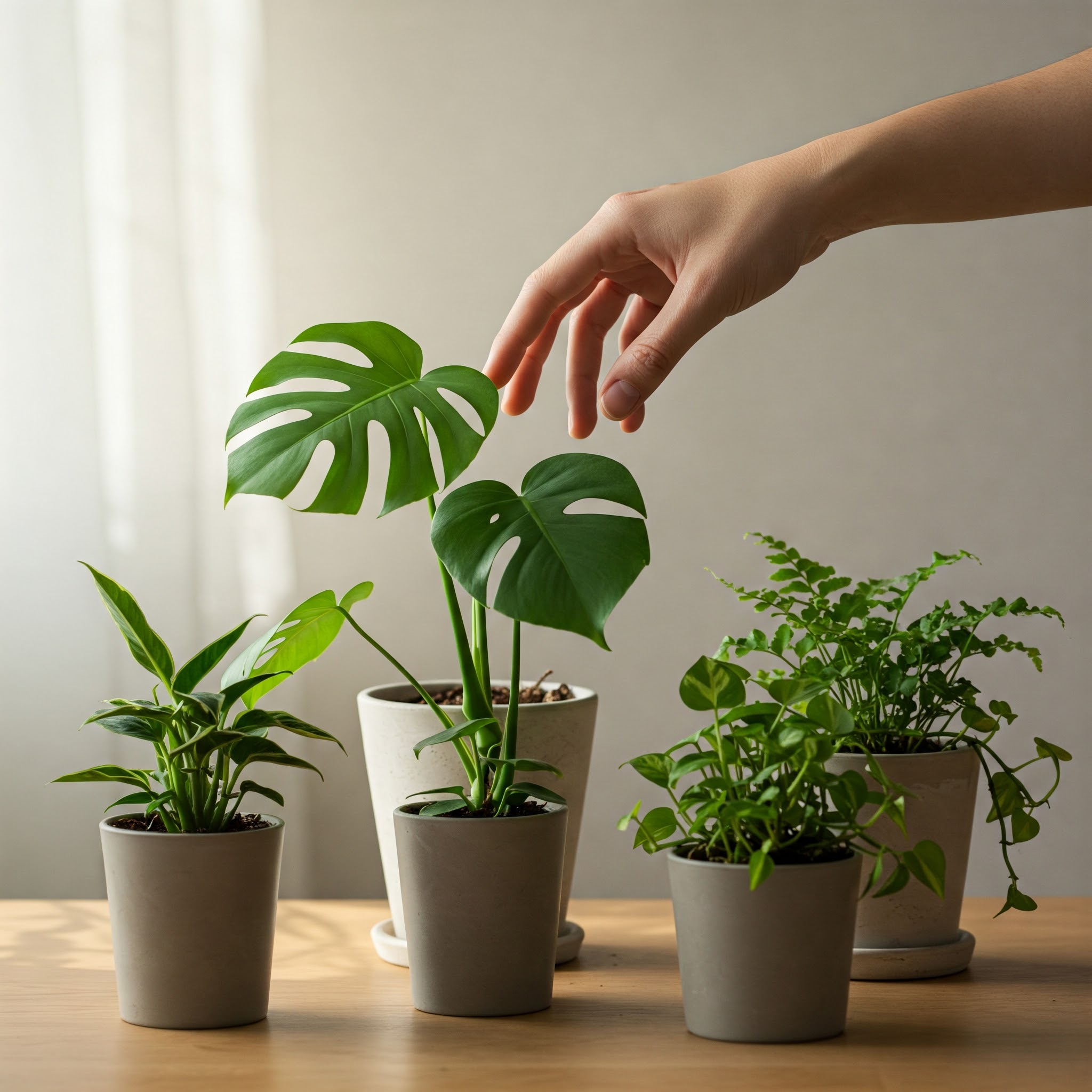 Mână umană atinge cu grijă o plantă de interior Monstera deliciosa dintr-un grup de plante diferite, așezate pe o masă. Fundalul este ușor neclar, accentul fiind pus pe momentul de selecție a plantei. Idee de îngrijire responsabilă a plantelor.