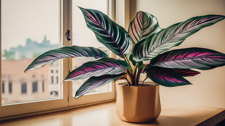Calathea vibrantă într-un ghiveci ceramic, pe pervazul luminos, cu fundal interior modern estompat.