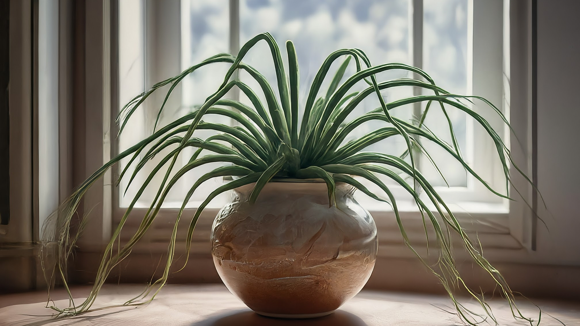 Rhipsalis tropical într-un vas ceramic elegant, cu tulpini delicate, într-o cameră luminoasă.