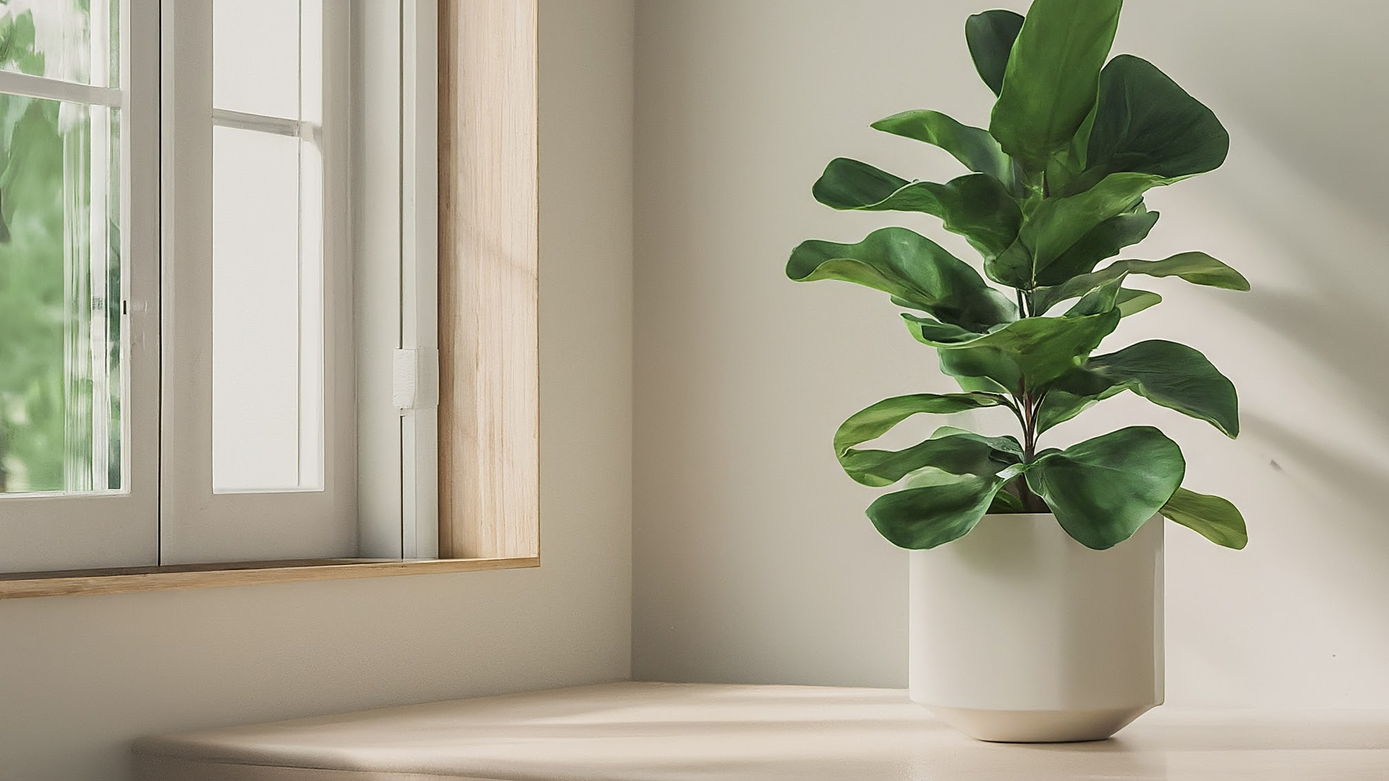 Un ficus lyrata viguros într-un vas ceramic minimalist, scăldat în lumină naturală într-un interior Japandi aerisit.