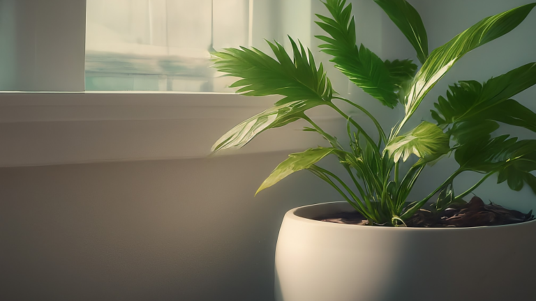 Plantă de interior verde și luxuriantă într-un ghiveci ceramic elegant, pe o fereastră luminoasă.