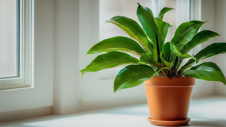 Plantă verde luxuriantă într-un ghiveci ceramic elegant, scăldată în lumina soarelui pe un pervaz luminos.