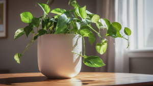 Un pothos auriu sănătos, cu frunze verzi și variegare, într-un ghiveci ceramic elegant, pe un pervaz luminos.