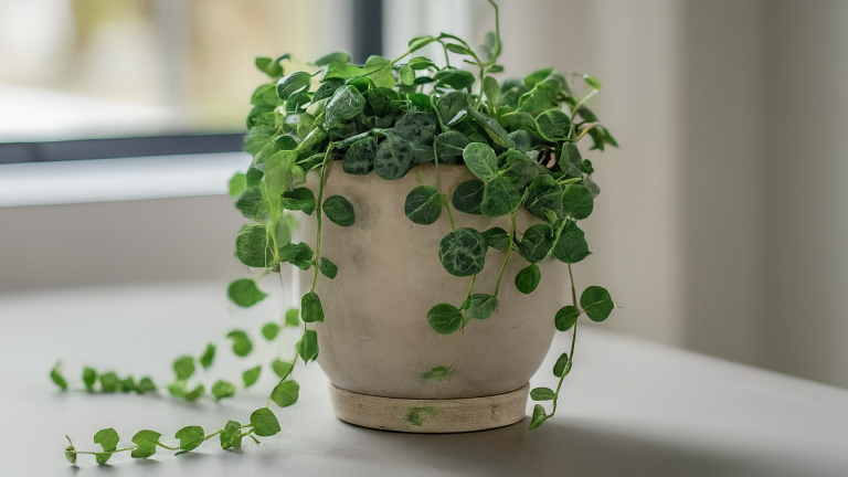 Peperomia 'String of Turtles' sănătoasă, cu frunze rotunde ca de broască țestoasă, într-un vas ceramic elegant, scăldată în lumină blândă.