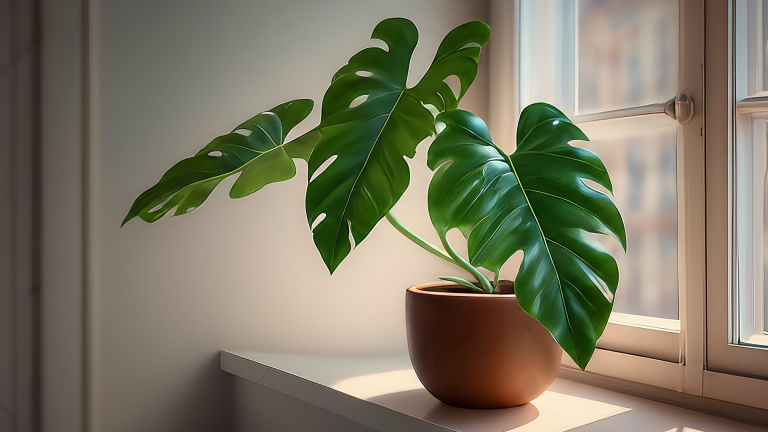Philodendron Billietiae cu frunze verzi lucioase într-un interior modern, luminos.