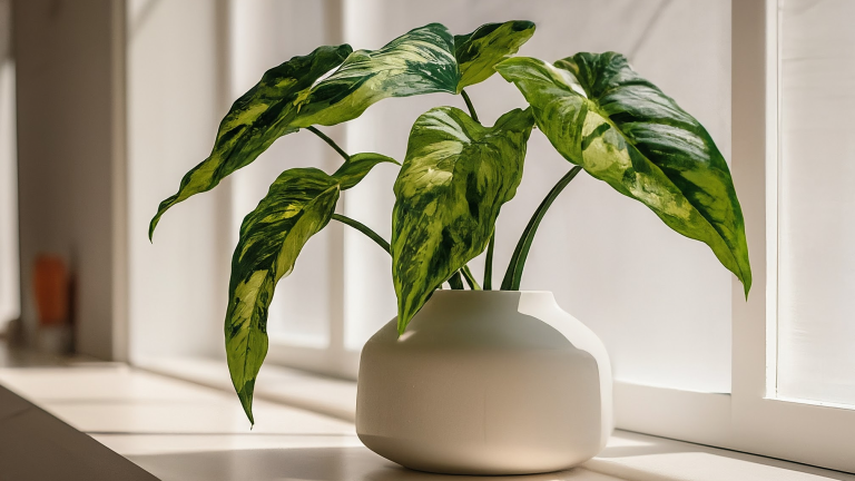 Un Syngonium Podophyllum sănătos, cu frunze verzi pestrițe, într-un ghiveci ceramic elegant, pe un pervaz luminos.