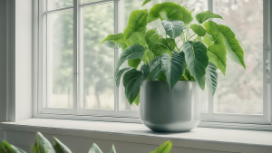 Plantă verde și sănătoasă într-un ghiveci elegant, pe pervazul luminos al unei ferestre moderne.