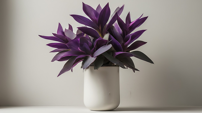 Tradescantia Pallida 'Purpurea' vibrantă, cu frunze purpurii, într-un ghiveci ceramic elegant, pe un pervaz luminos.