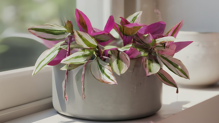Tradescantia vibrantă într-un ghiveci ceramic, pe pervaz, cu frunze colorate și textură detaliată, luminată de soare indirect.
