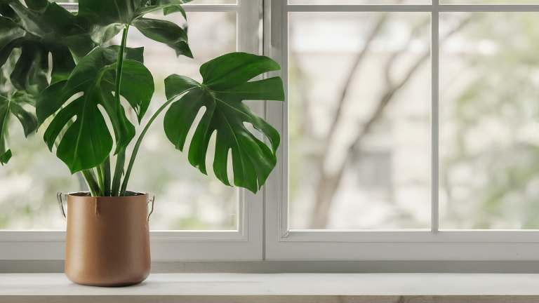O plantă Monstera deliciosa într-un ghiveci elegant, scăldată în lumina soarelui pe un pervaz luminos.