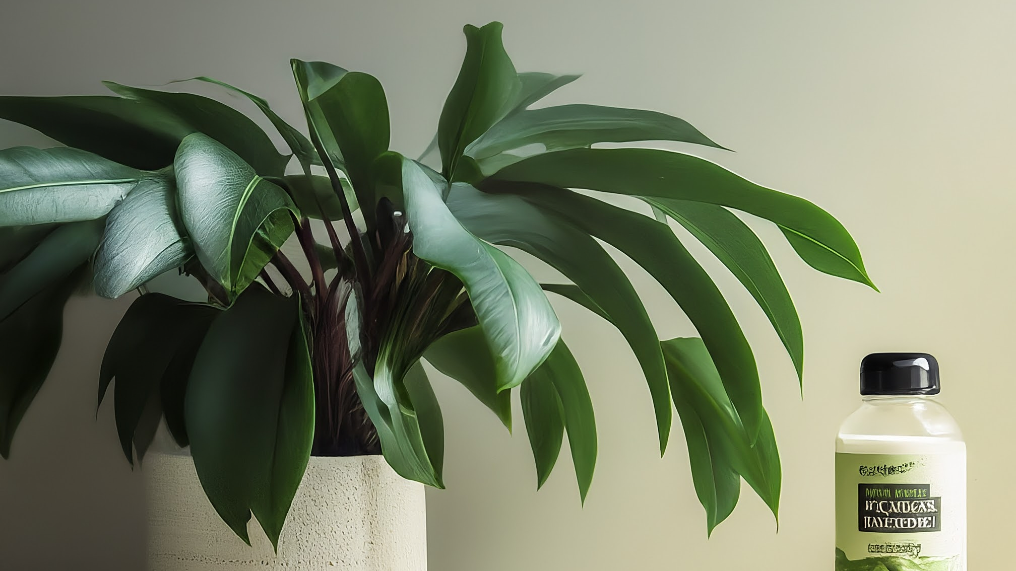 Plantă verde luxuriantă într-un decor modern, alături de un fertilizant organic minimalist.
