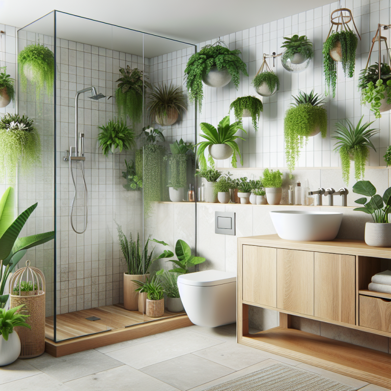 Bathroom with lush green plants on shelves and hanging pots, creating a fresh, vibrant atmosphere.
