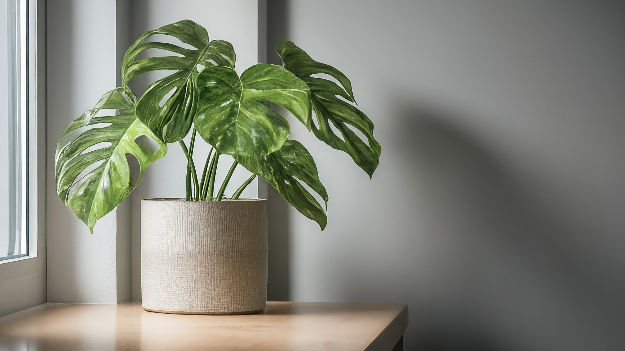 Monstera Thai Constellation sănătoasă, cu frunze marmorate, într-un interior minimalist și luminos.