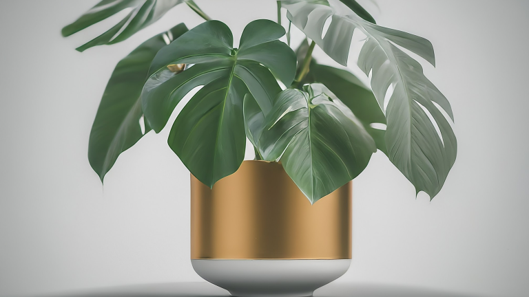 Plantă verde într-un ghiveci ceramic decorativ, așezată într-un interior modern și luminos, ilustrând tehnica "double potting".