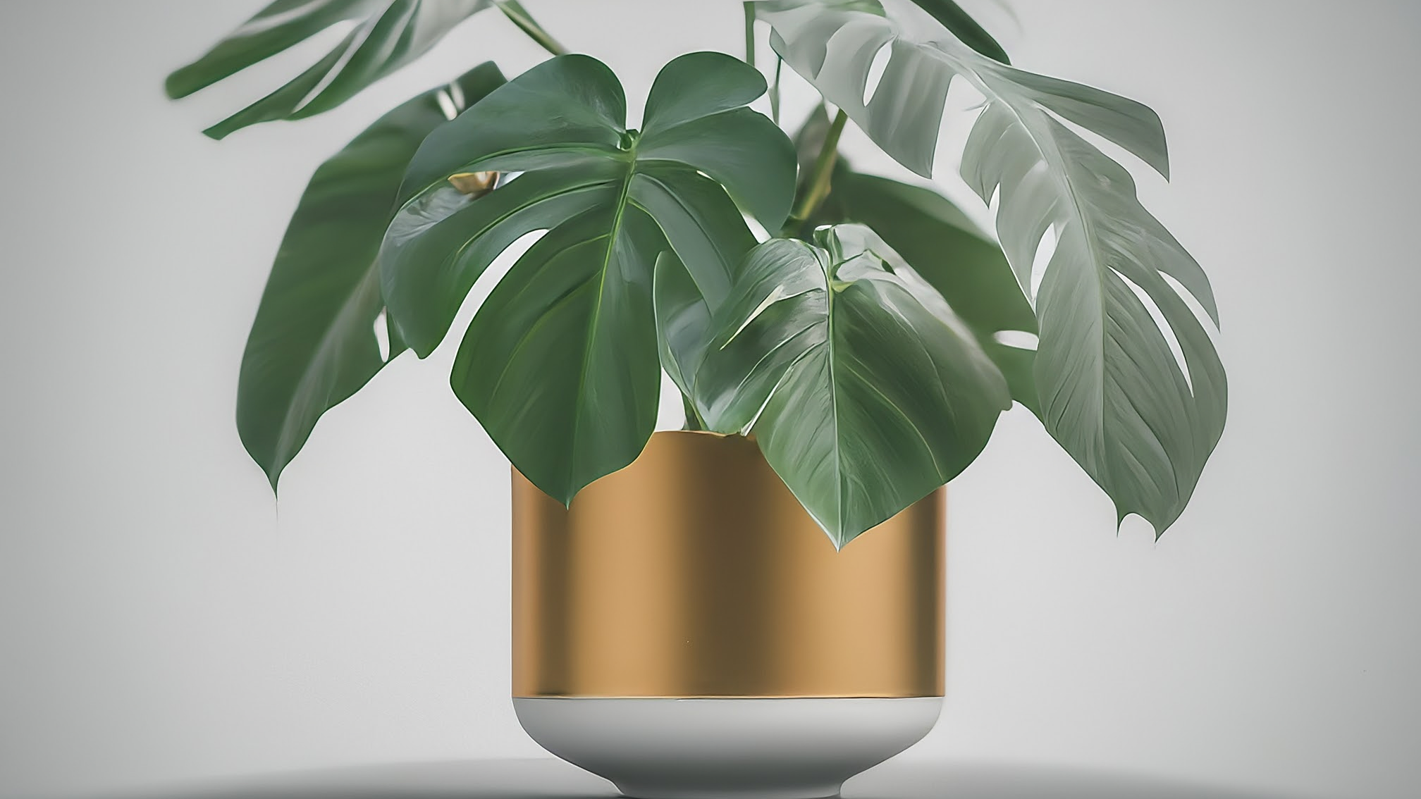 Plantă verde într-un ghiveci ceramic decorativ, așezată într-un interior modern și luminos, ilustrând tehnica "double potting".