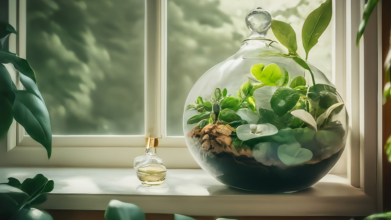 Un terariu verde și luxuriant, plin de plante tropicale, stă pe o fereastră însorită lângă un pulverizator.