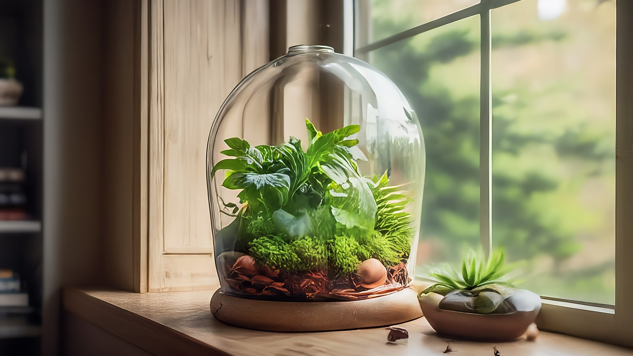 Un terariu modern din sticlă găzduiește o grădină miniaturală luxuriantă, scăldată în lumina naturală a ferestrei.