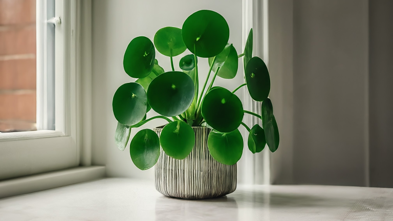 Pilea Peperomioides, planta UFO, cu frunze rotunde, într-un ghiveci ceramic pe pervaz, luminată blând.
