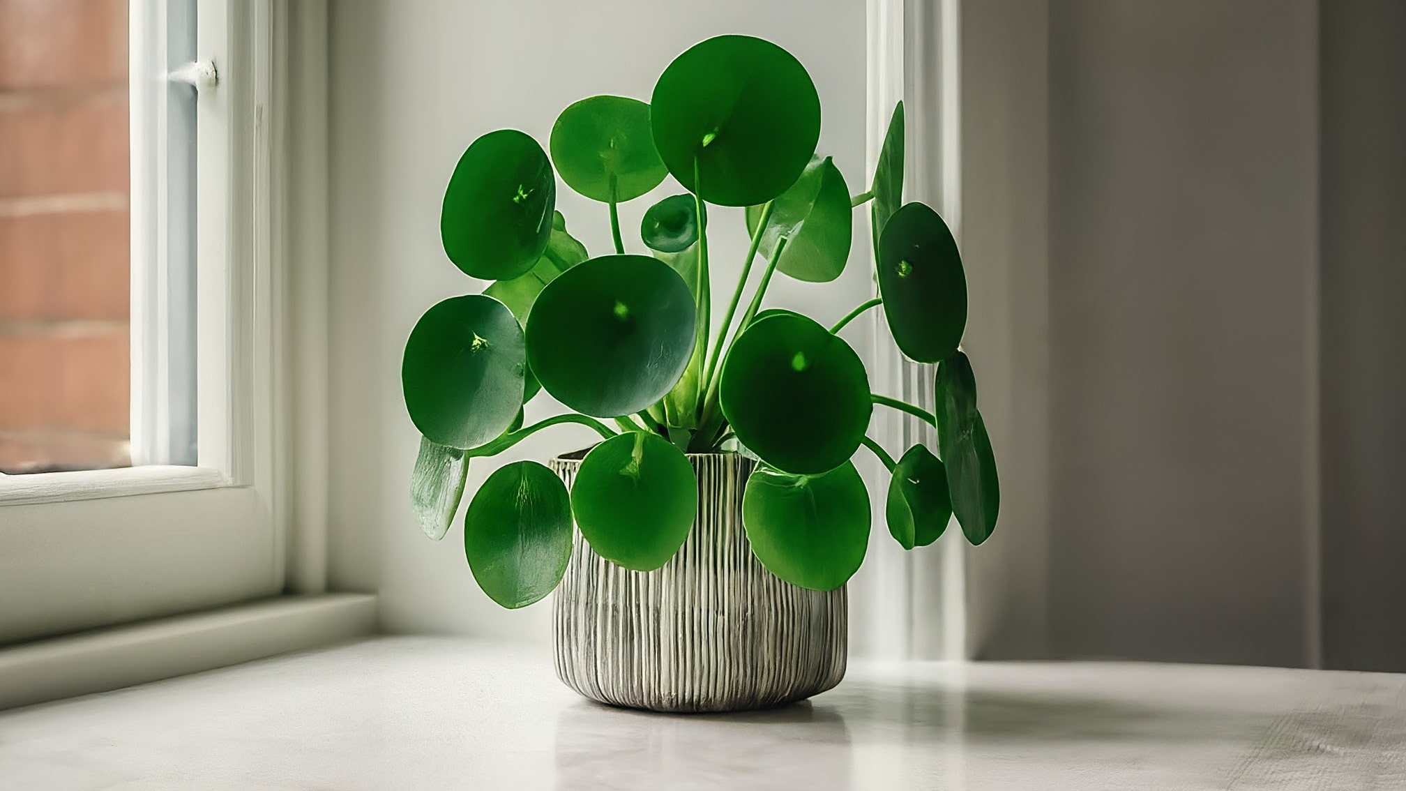 Pilea Peperomioides, planta UFO, cu frunze rotunde, într-un ghiveci ceramic pe pervaz, luminată blând.