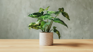 Prim-plan cu un Syngonium 'Mottled Mojito' vibrant, cu frunze pestrițe, într-un ghiveci ceramic elegant, pe fundal interior modern.