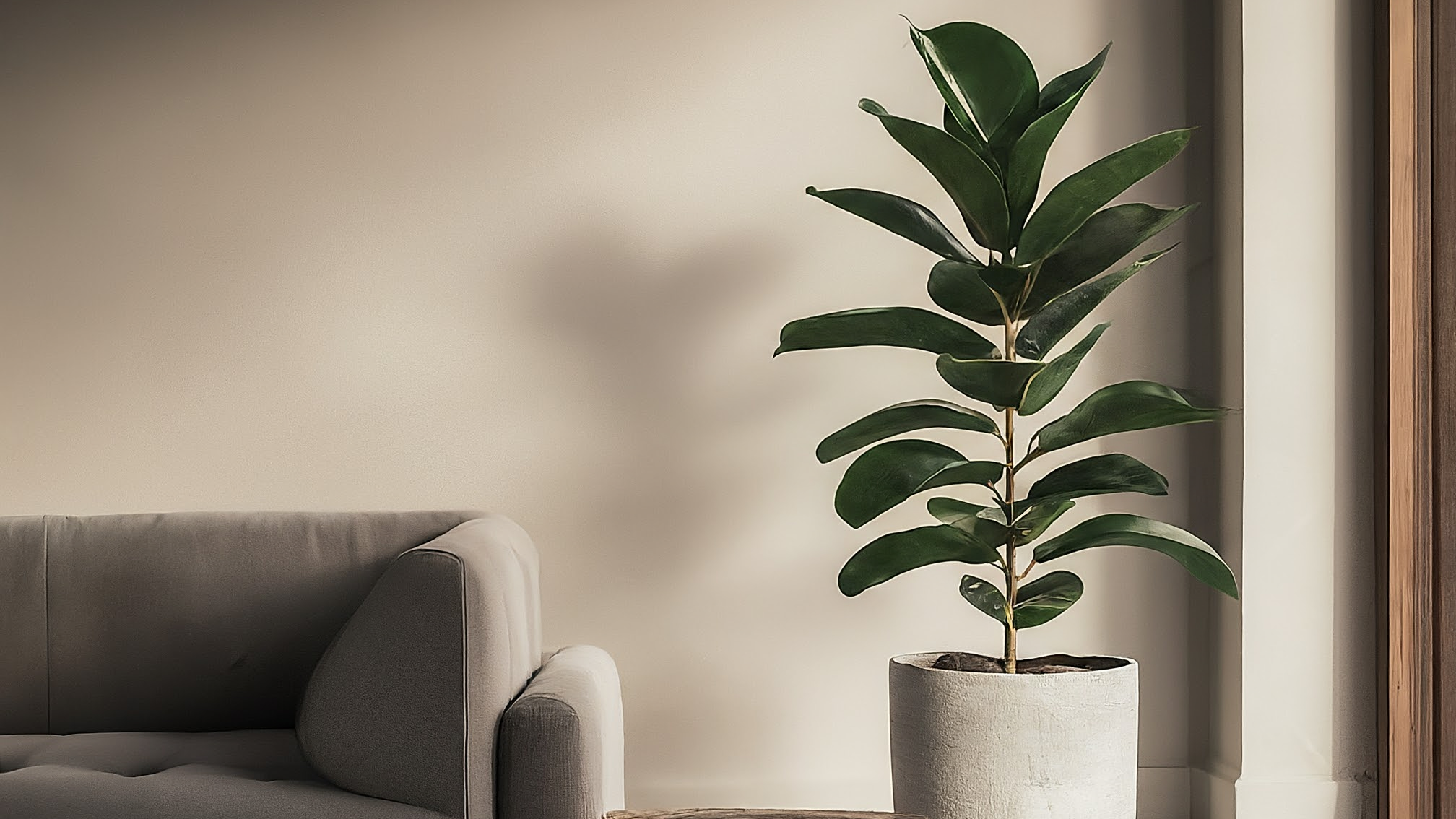 Un ficus elastica luxuriant într-un ghiveci ceramic minimalist, scăldat în lumina soarelui într-un living modern.