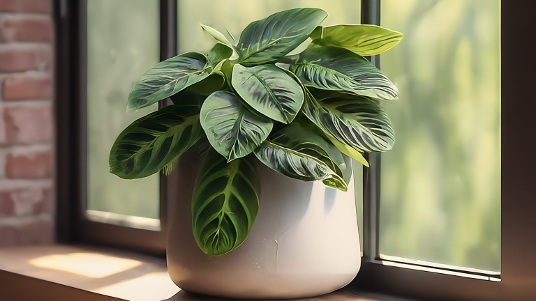 O plantă Maranta Fantasy într-un ghiveci ceramic, pe o fereastră luminoasă, într-un interior minimalist.