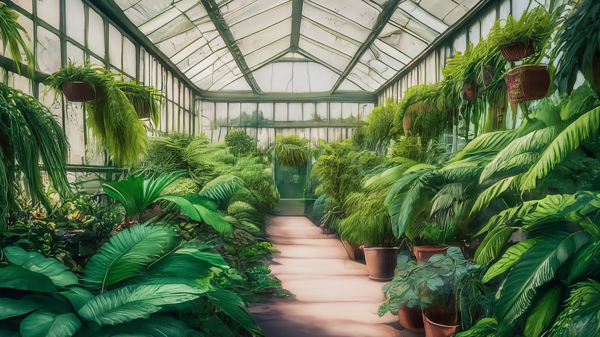 Interior luminos de seră modernă cu vegetație luxuriantă: ferigi, palmieri și monstera, cu plante cățărătoare pe pereți.