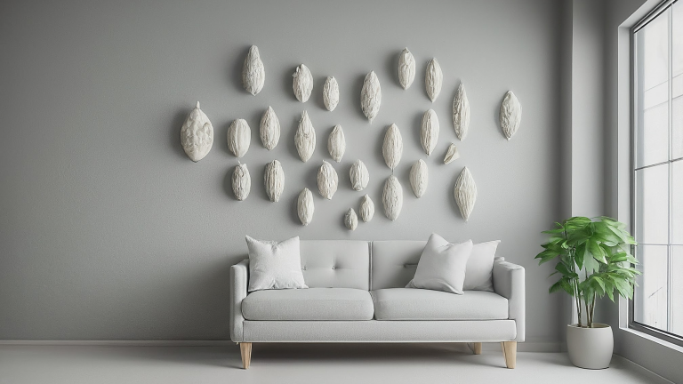 Living modern cu flori ceramice pastelate pe un perete gri, într-o compoziție asimetrică și luminoasă.