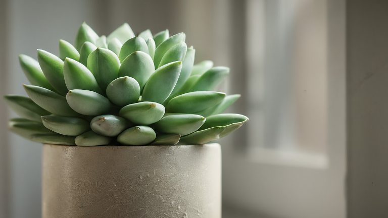 Succulentă verde și sănătoasă într-un ghiveci ceramic elegant, scăldată în lumina soarelui pe un pervaz luminos.